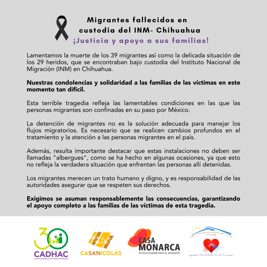 Posicionamiento sobre Migrantes fallecidos en custodia del Instituto Nacional de Migración (INM) en Chihuahua.